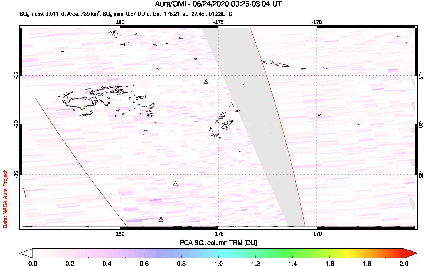 A sulfur dioxide image over Tonga, South Pacific on Jun 24, 2020.