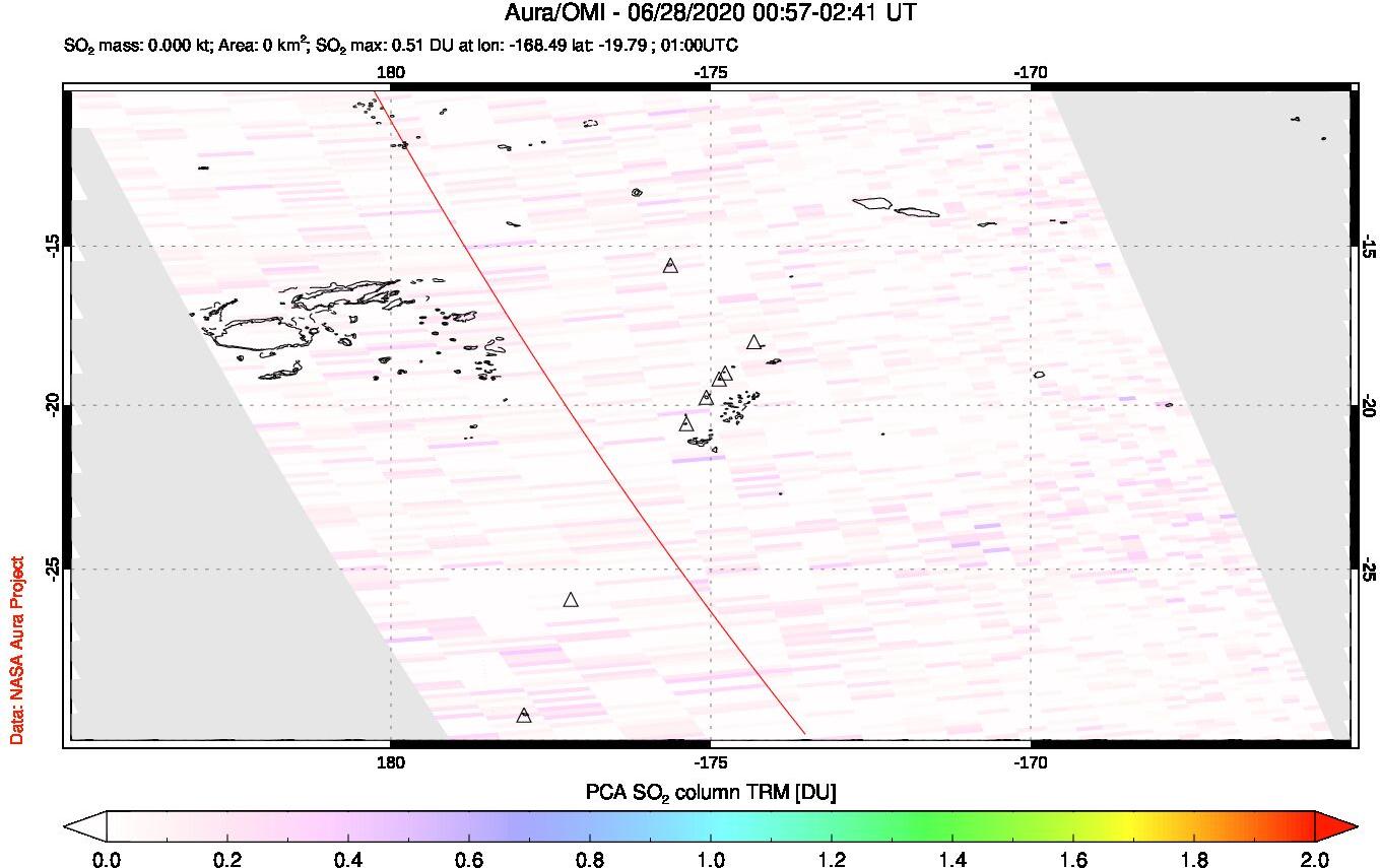 A sulfur dioxide image over Tonga, South Pacific on Jun 28, 2020.