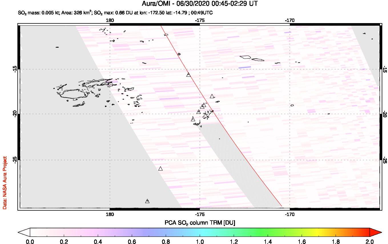 A sulfur dioxide image over Tonga, South Pacific on Jun 30, 2020.