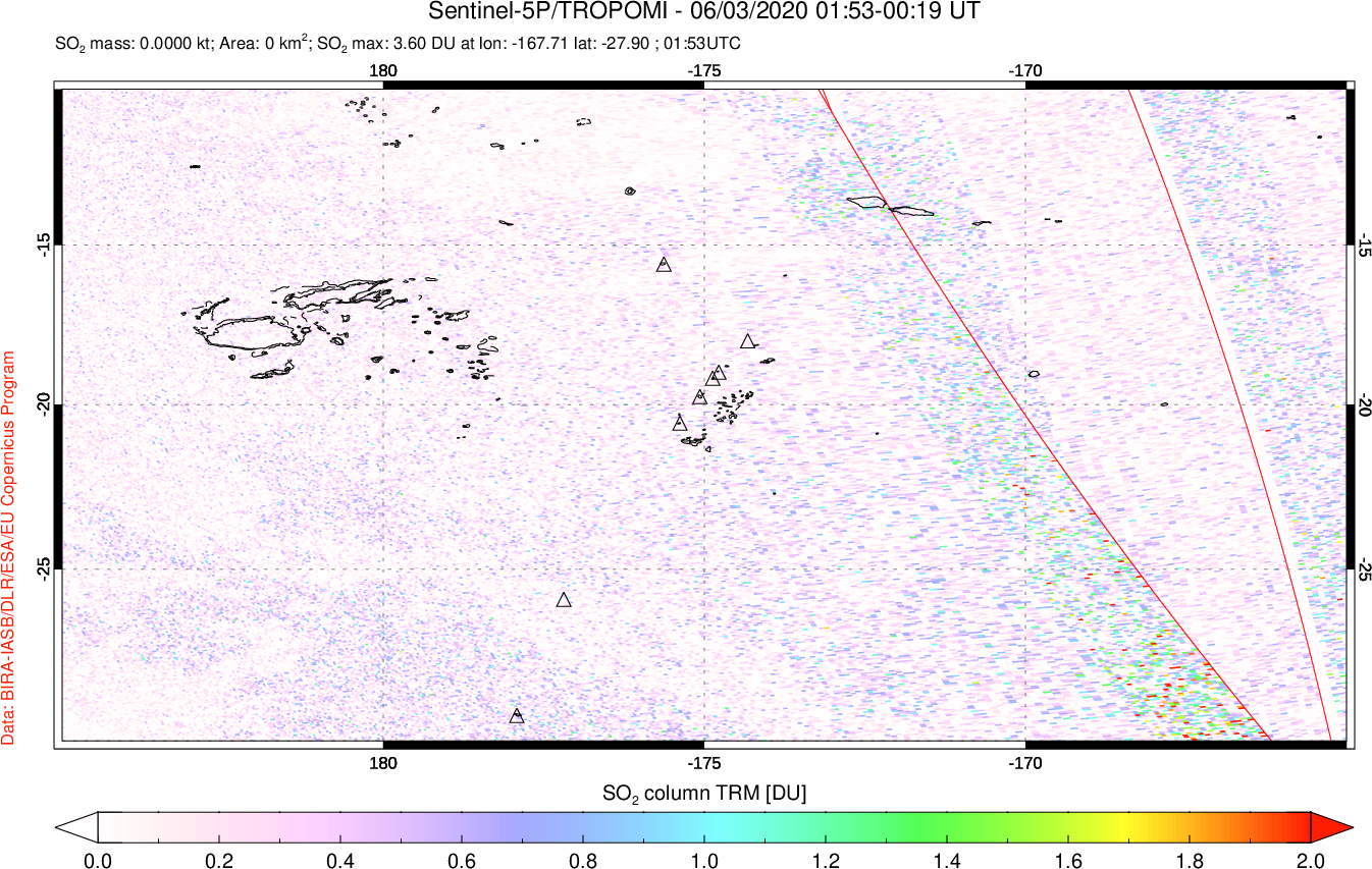 A sulfur dioxide image over Tonga, South Pacific on Jun 03, 2020.