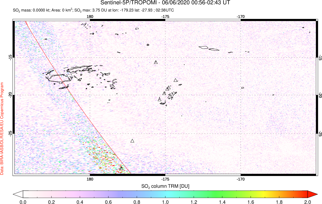 A sulfur dioxide image over Tonga, South Pacific on Jun 06, 2020.