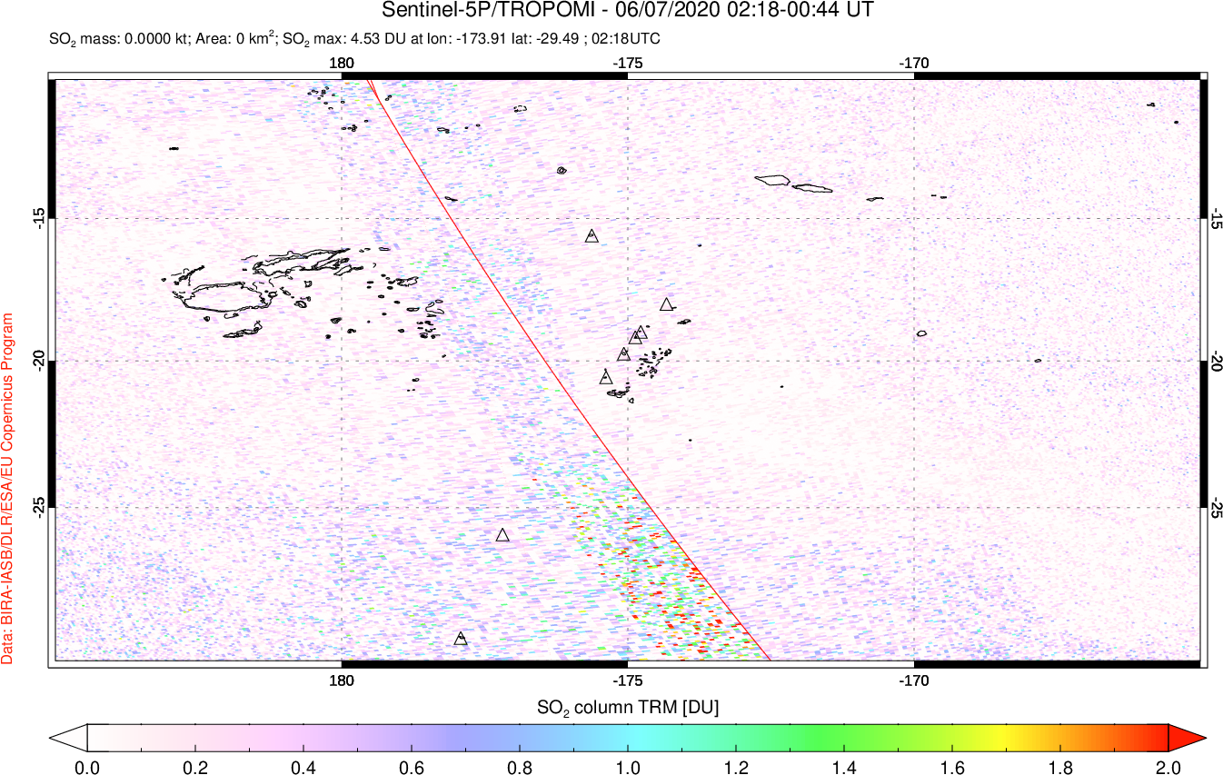 A sulfur dioxide image over Tonga, South Pacific on Jun 07, 2020.