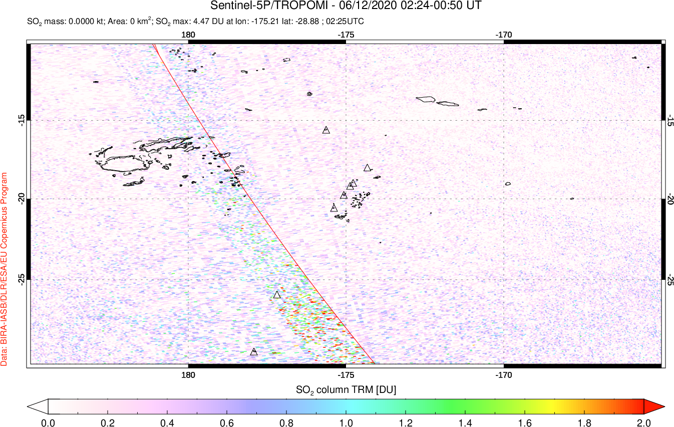 A sulfur dioxide image over Tonga, South Pacific on Jun 12, 2020.