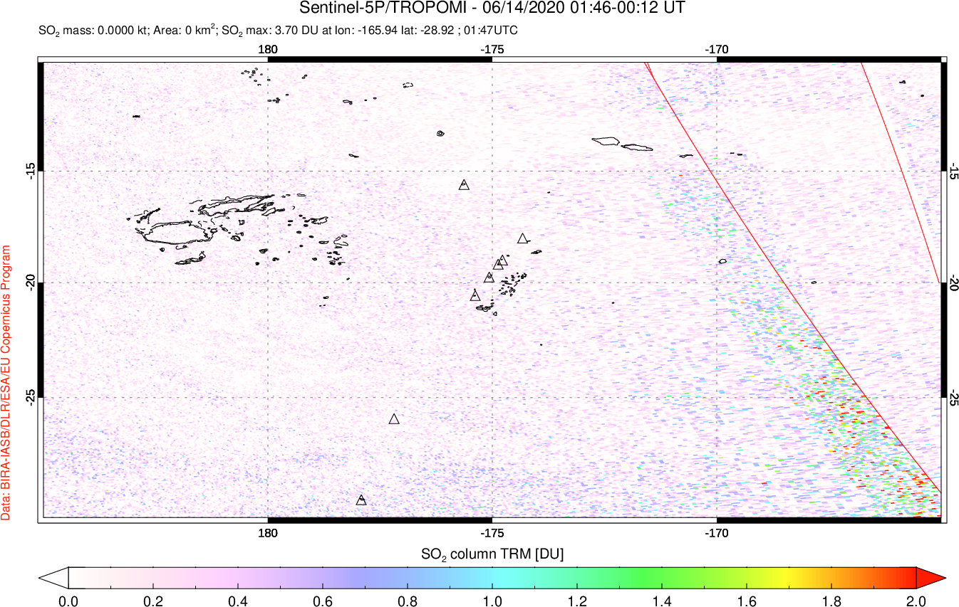A sulfur dioxide image over Tonga, South Pacific on Jun 14, 2020.