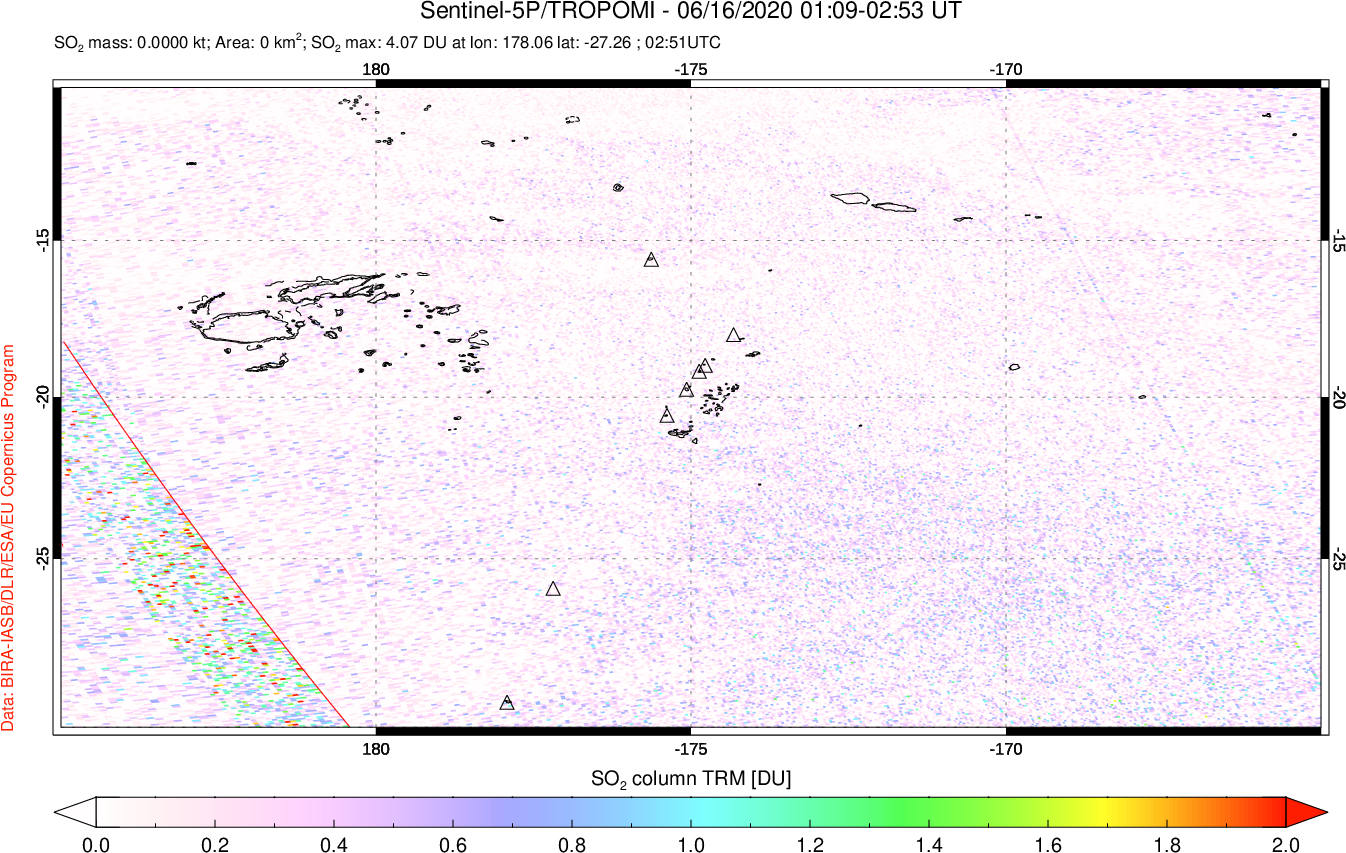 A sulfur dioxide image over Tonga, South Pacific on Jun 16, 2020.