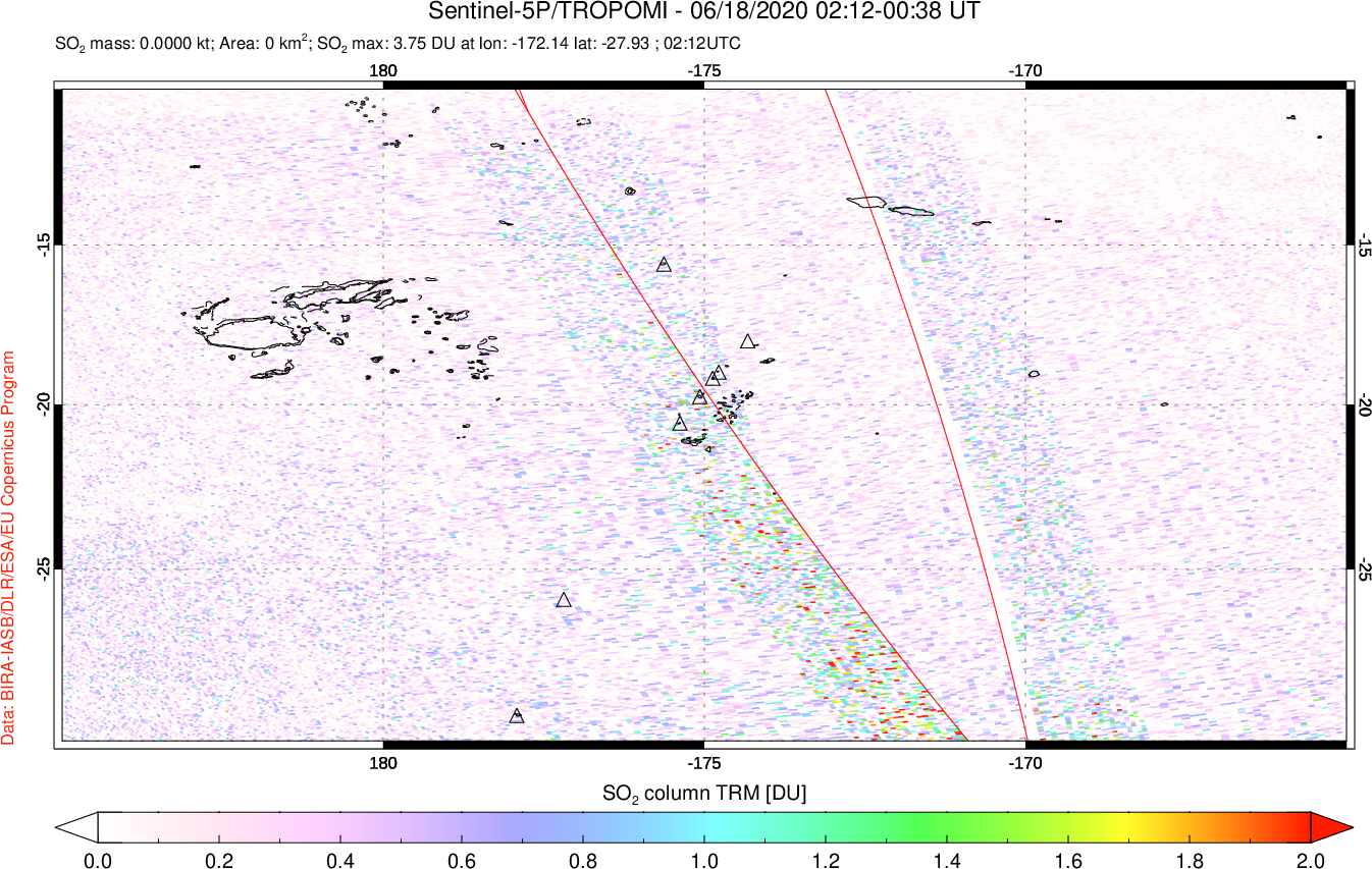 A sulfur dioxide image over Tonga, South Pacific on Jun 18, 2020.