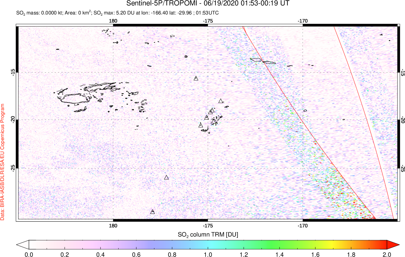 A sulfur dioxide image over Tonga, South Pacific on Jun 19, 2020.
