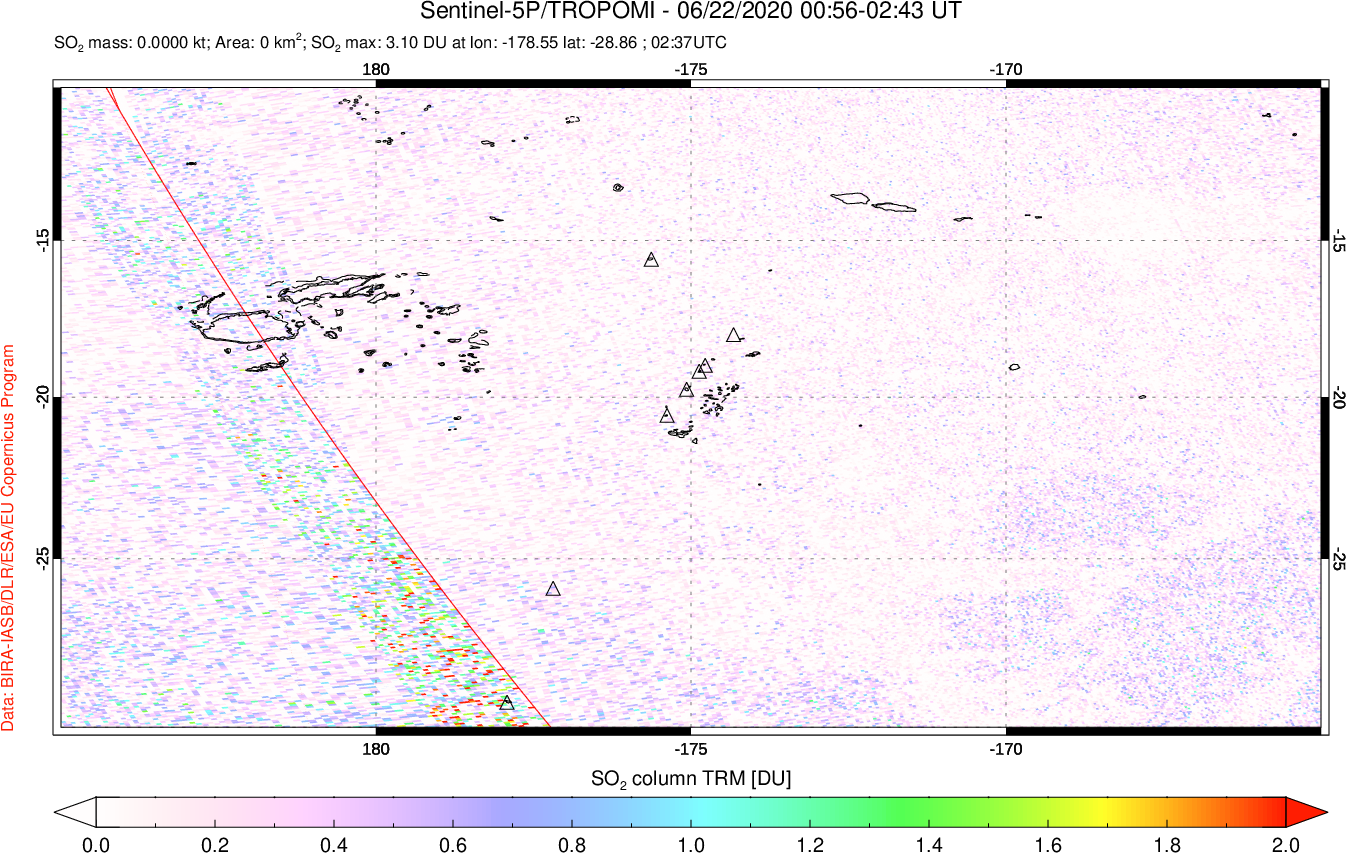 A sulfur dioxide image over Tonga, South Pacific on Jun 22, 2020.