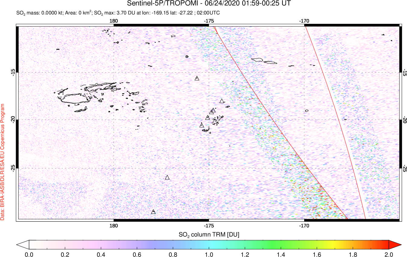 A sulfur dioxide image over Tonga, South Pacific on Jun 24, 2020.
