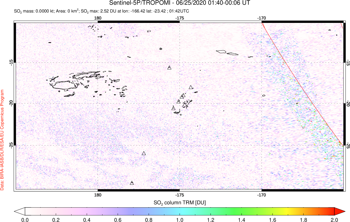 A sulfur dioxide image over Tonga, South Pacific on Jun 25, 2020.