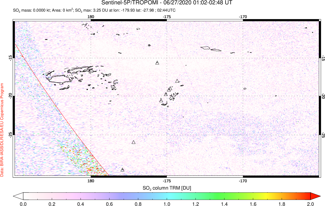 A sulfur dioxide image over Tonga, South Pacific on Jun 27, 2020.