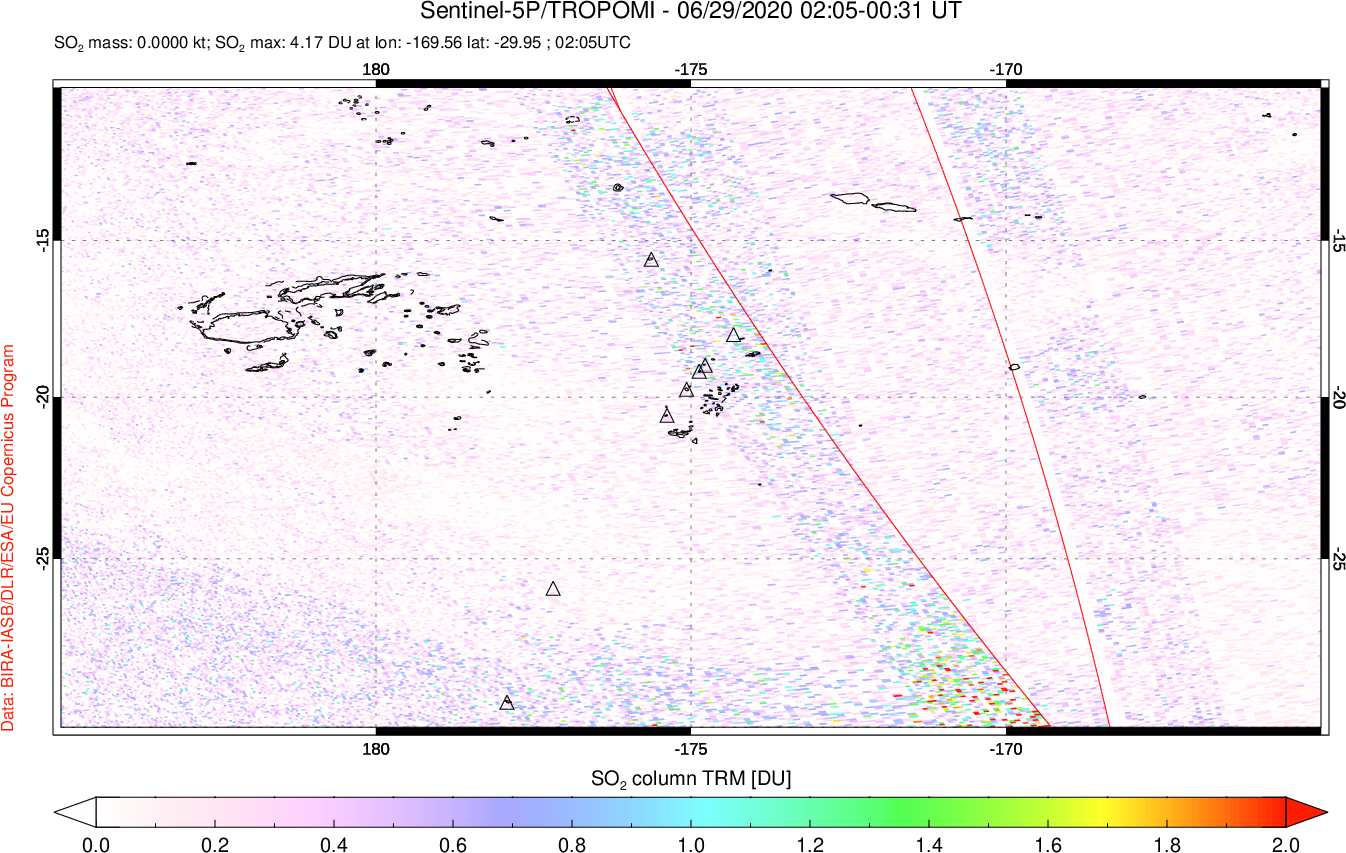 A sulfur dioxide image over Tonga, South Pacific on Jun 29, 2020.
