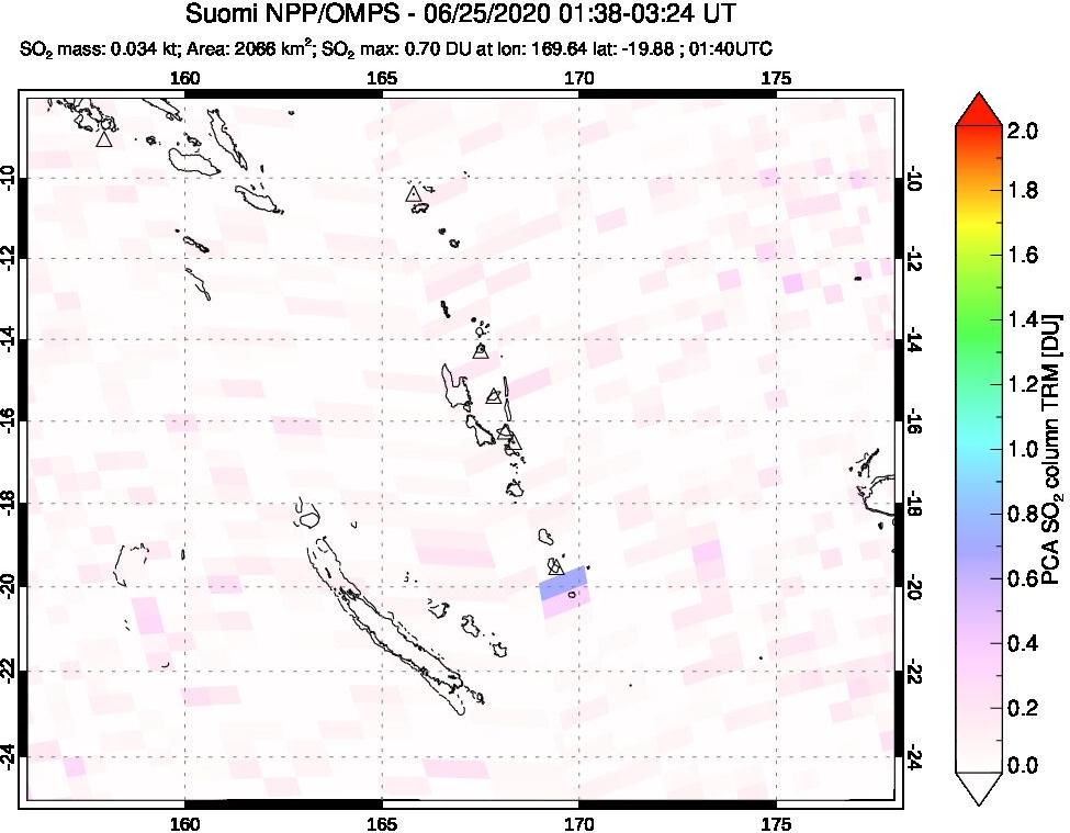 A sulfur dioxide image over Vanuatu, South Pacific on Jun 25, 2020.