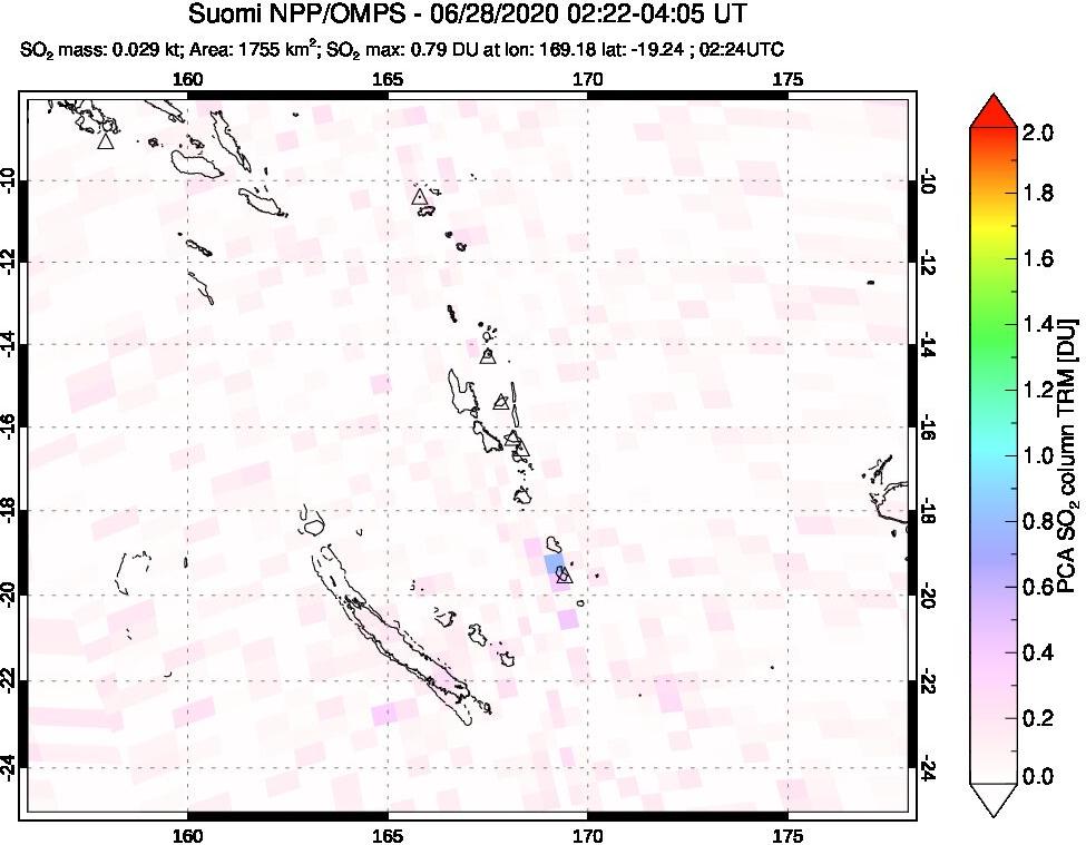 A sulfur dioxide image over Vanuatu, South Pacific on Jun 28, 2020.