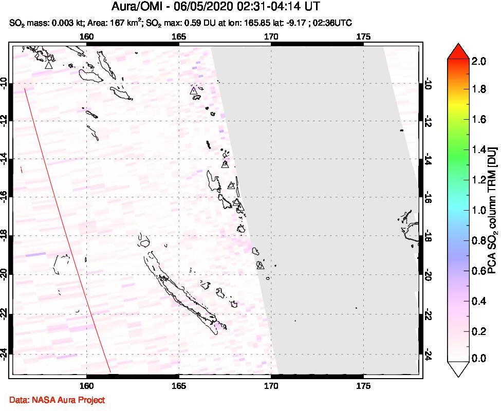 A sulfur dioxide image over Vanuatu, South Pacific on Jun 05, 2020.