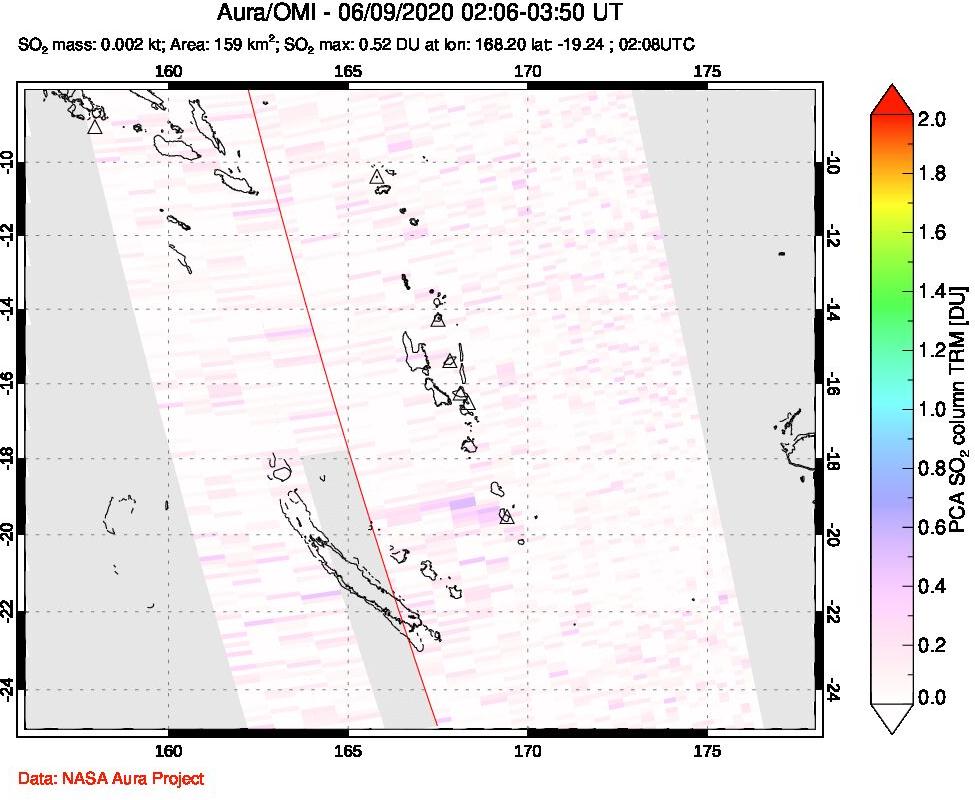 A sulfur dioxide image over Vanuatu, South Pacific on Jun 09, 2020.