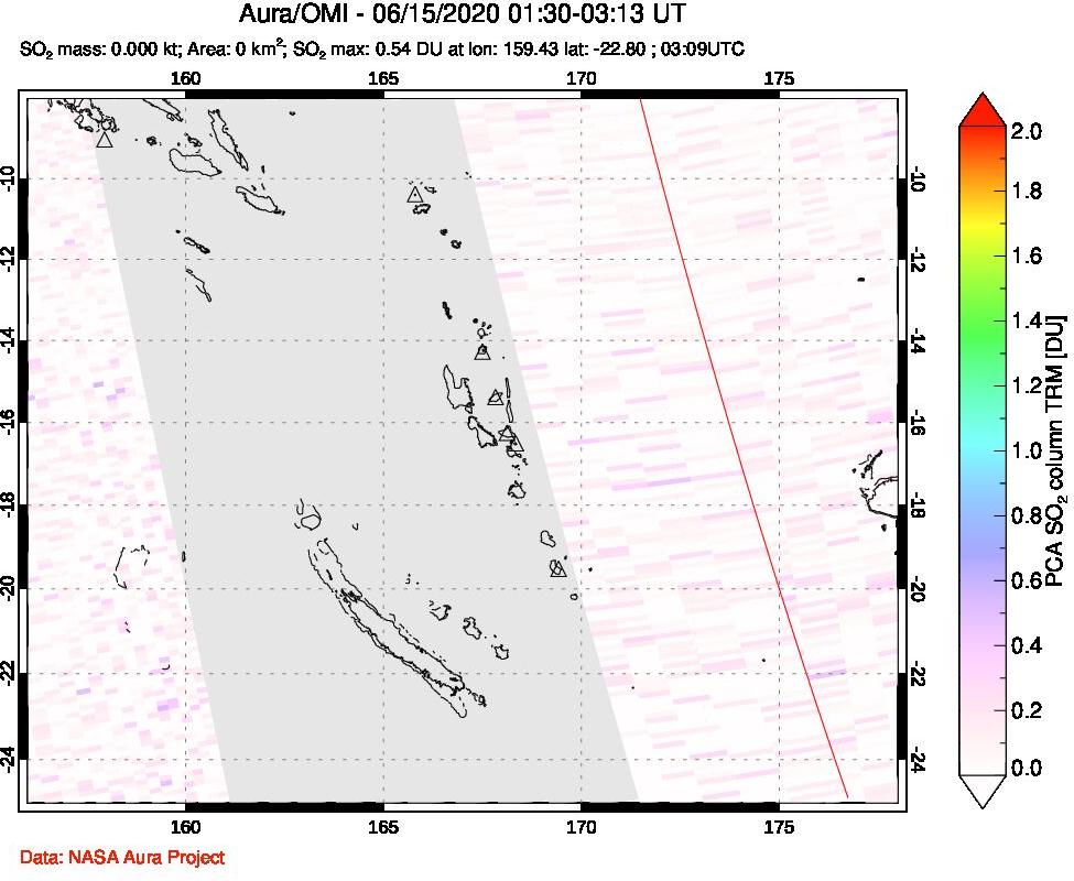 A sulfur dioxide image over Vanuatu, South Pacific on Jun 15, 2020.