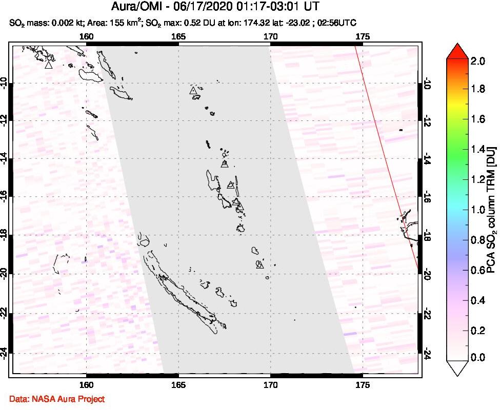 A sulfur dioxide image over Vanuatu, South Pacific on Jun 17, 2020.