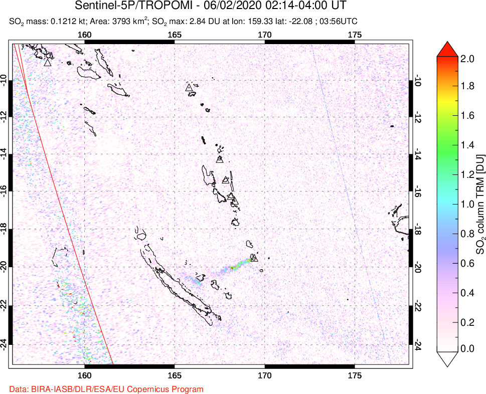 A sulfur dioxide image over Vanuatu, South Pacific on Jun 02, 2020.