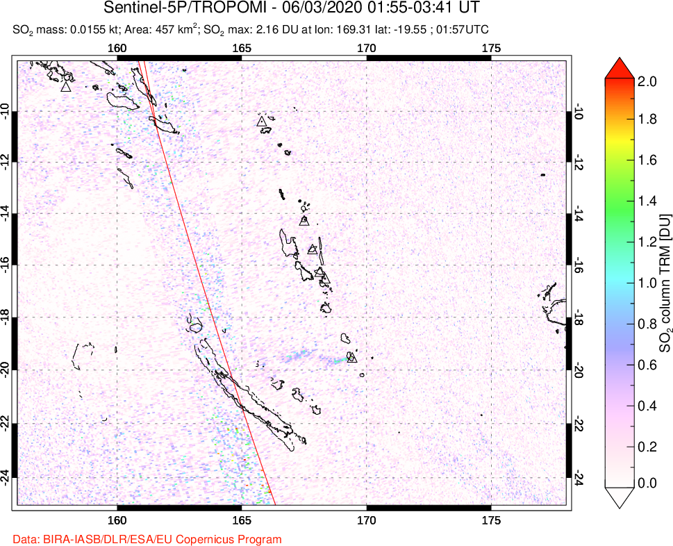 A sulfur dioxide image over Vanuatu, South Pacific on Jun 03, 2020.