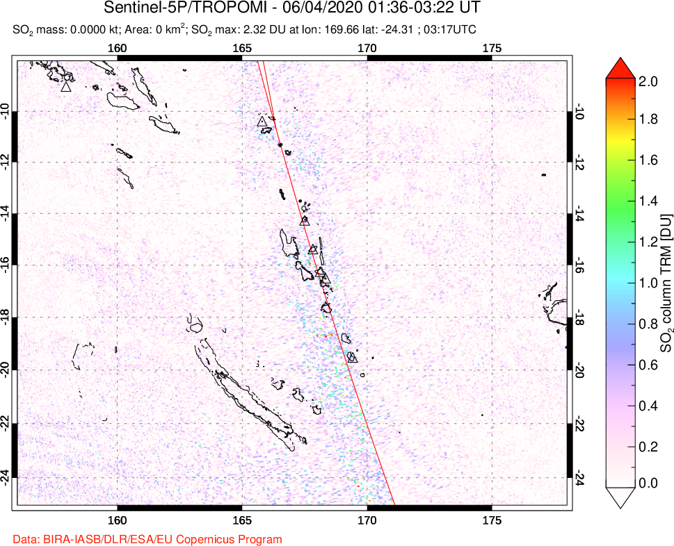 A sulfur dioxide image over Vanuatu, South Pacific on Jun 04, 2020.