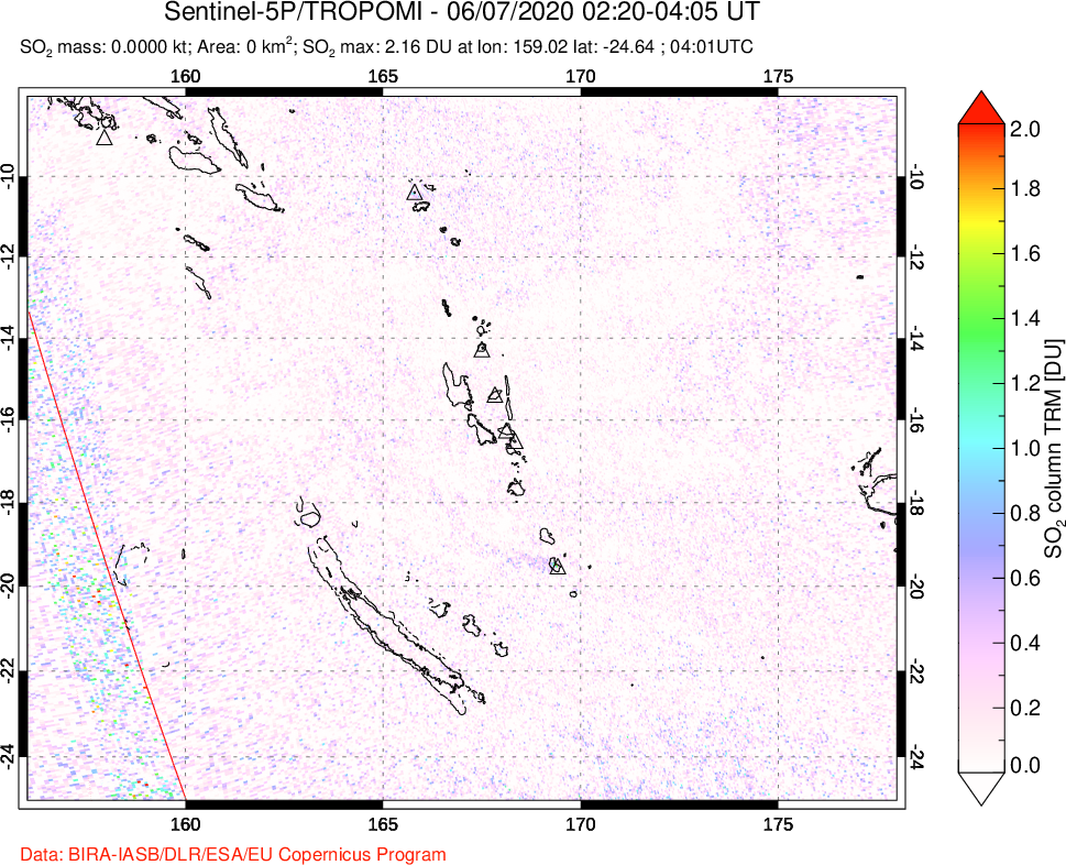A sulfur dioxide image over Vanuatu, South Pacific on Jun 07, 2020.