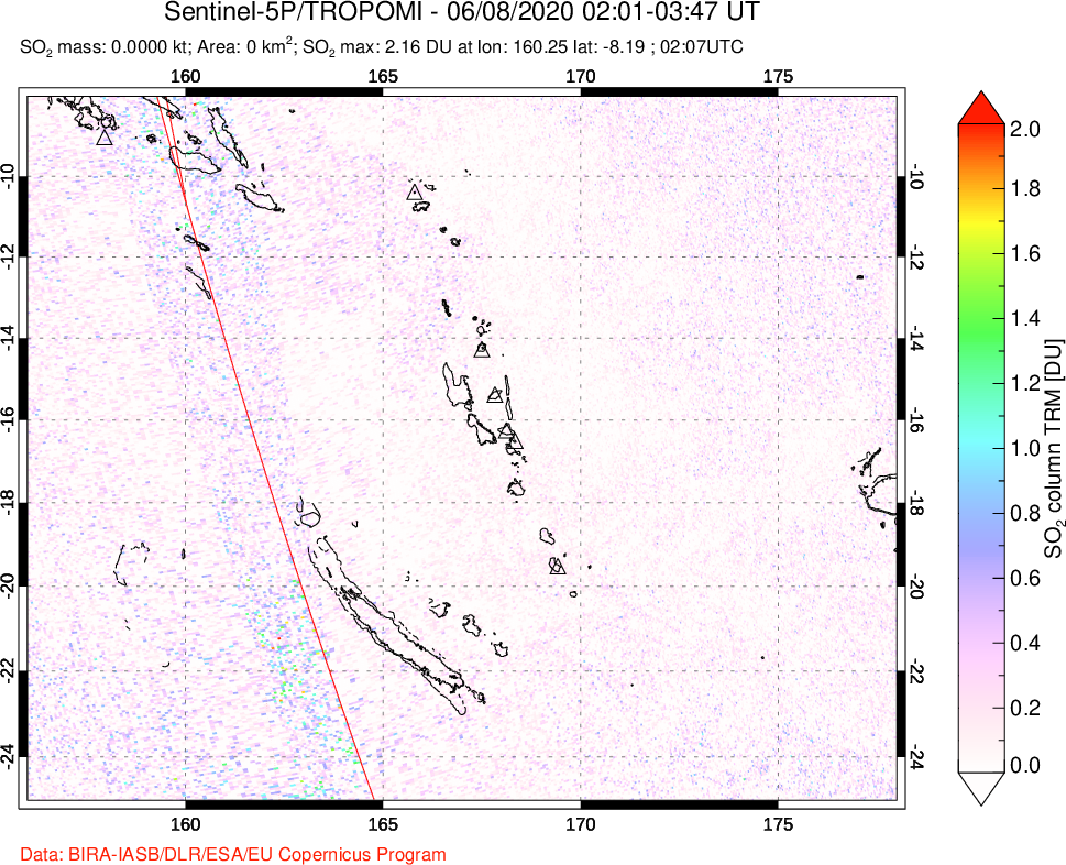 A sulfur dioxide image over Vanuatu, South Pacific on Jun 08, 2020.