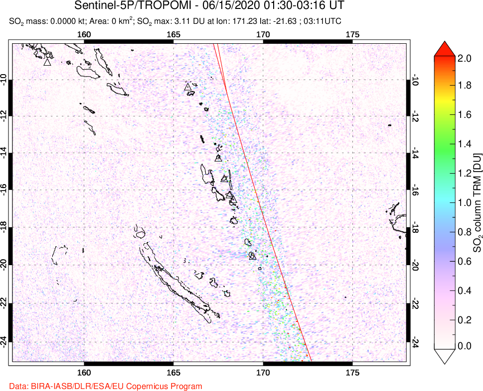 A sulfur dioxide image over Vanuatu, South Pacific on Jun 15, 2020.