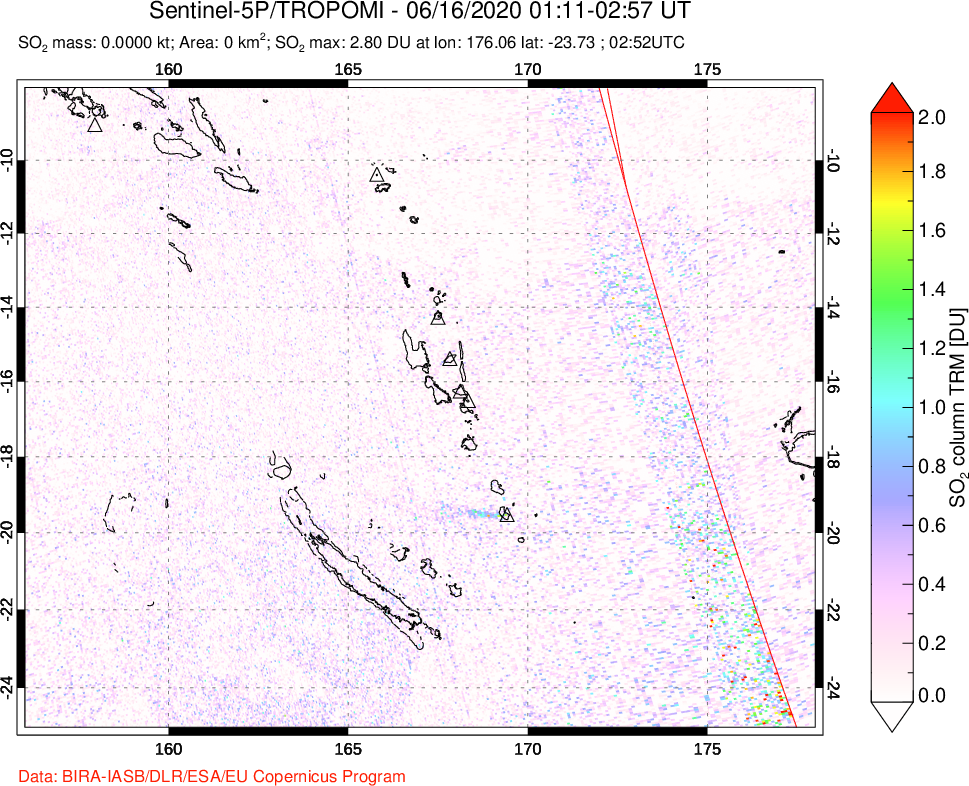 A sulfur dioxide image over Vanuatu, South Pacific on Jun 16, 2020.