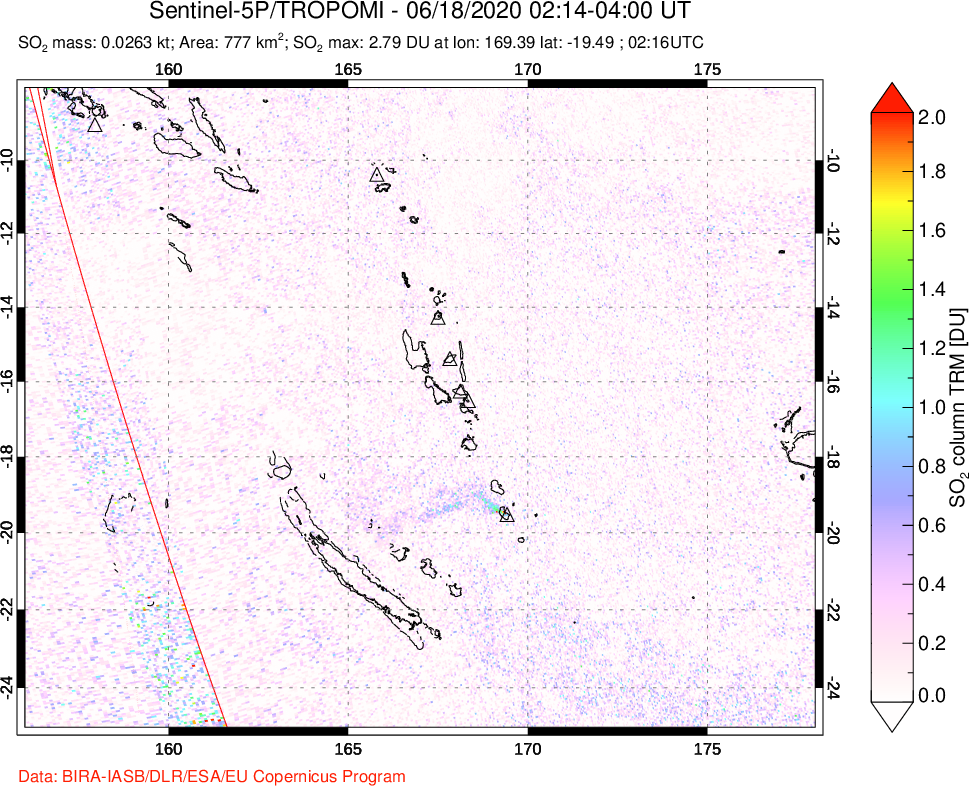A sulfur dioxide image over Vanuatu, South Pacific on Jun 18, 2020.