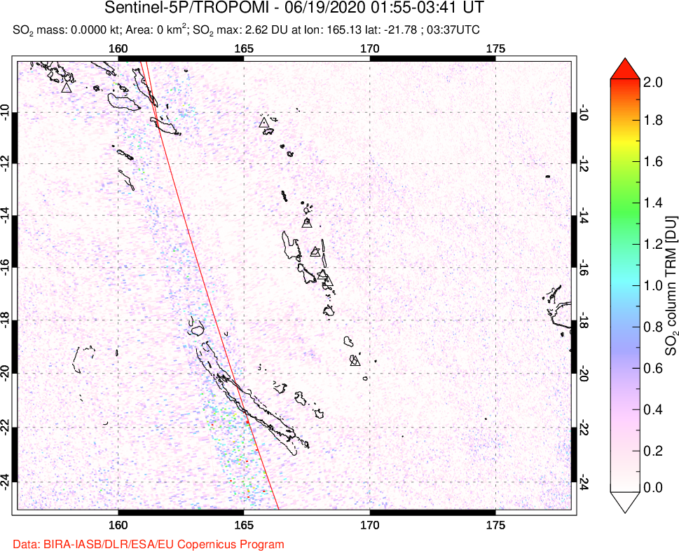 A sulfur dioxide image over Vanuatu, South Pacific on Jun 19, 2020.
