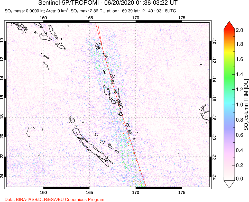 A sulfur dioxide image over Vanuatu, South Pacific on Jun 20, 2020.
