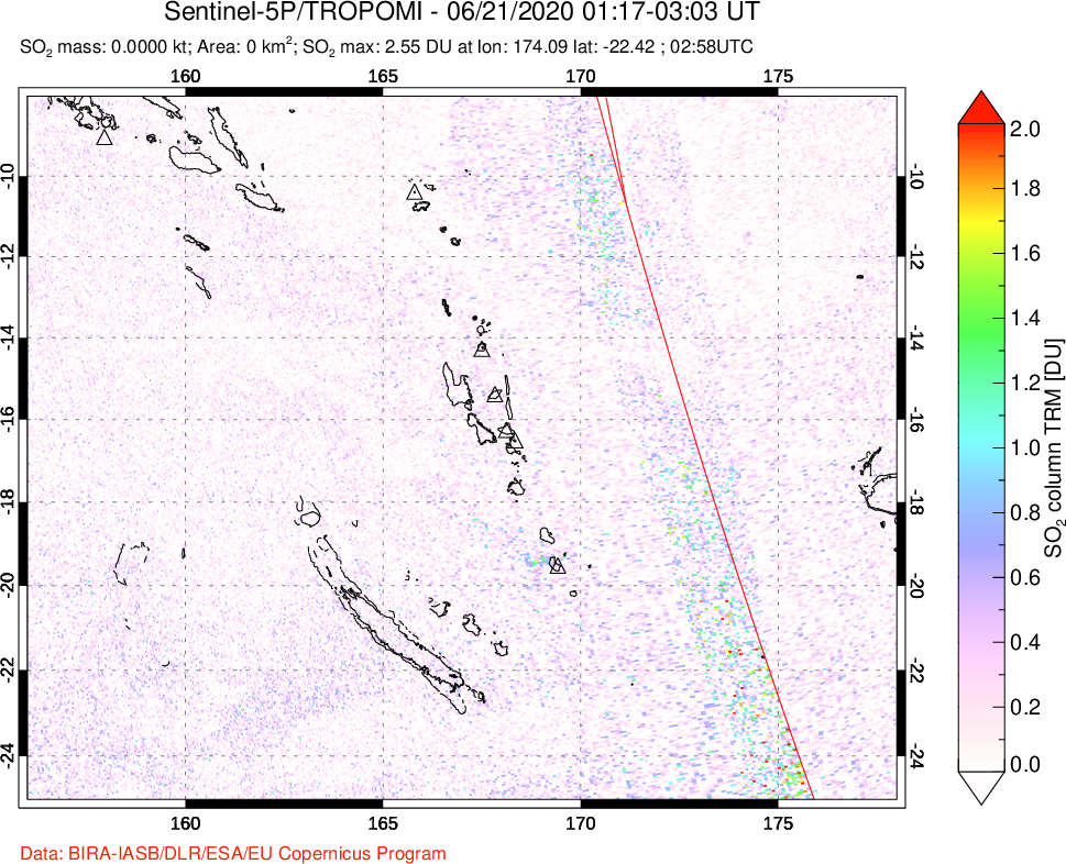 A sulfur dioxide image over Vanuatu, South Pacific on Jun 21, 2020.
