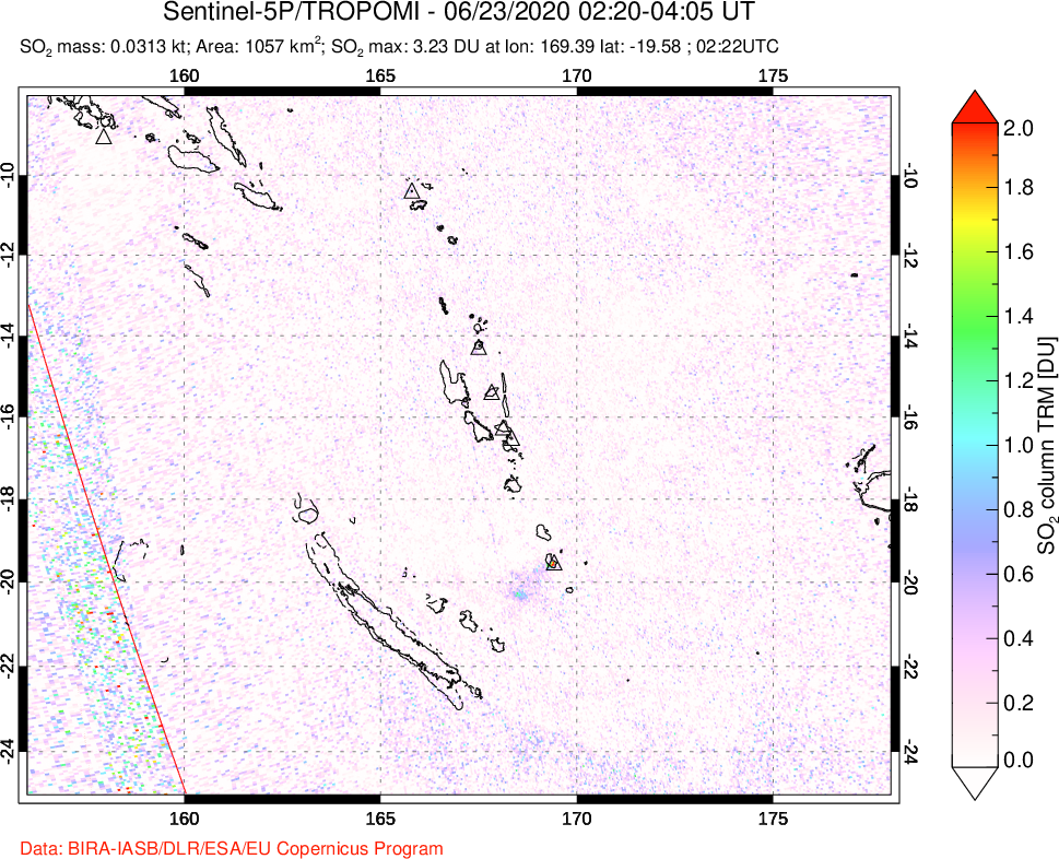 A sulfur dioxide image over Vanuatu, South Pacific on Jun 23, 2020.