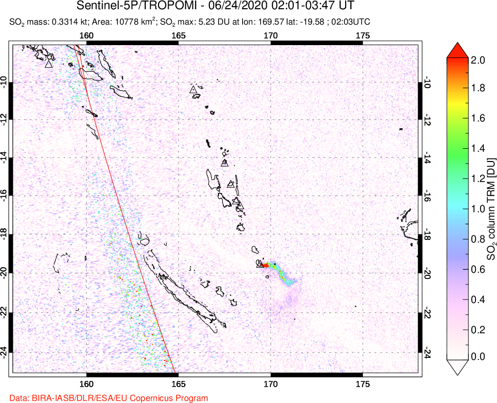 A sulfur dioxide image over Vanuatu, South Pacific on Jun 24, 2020.