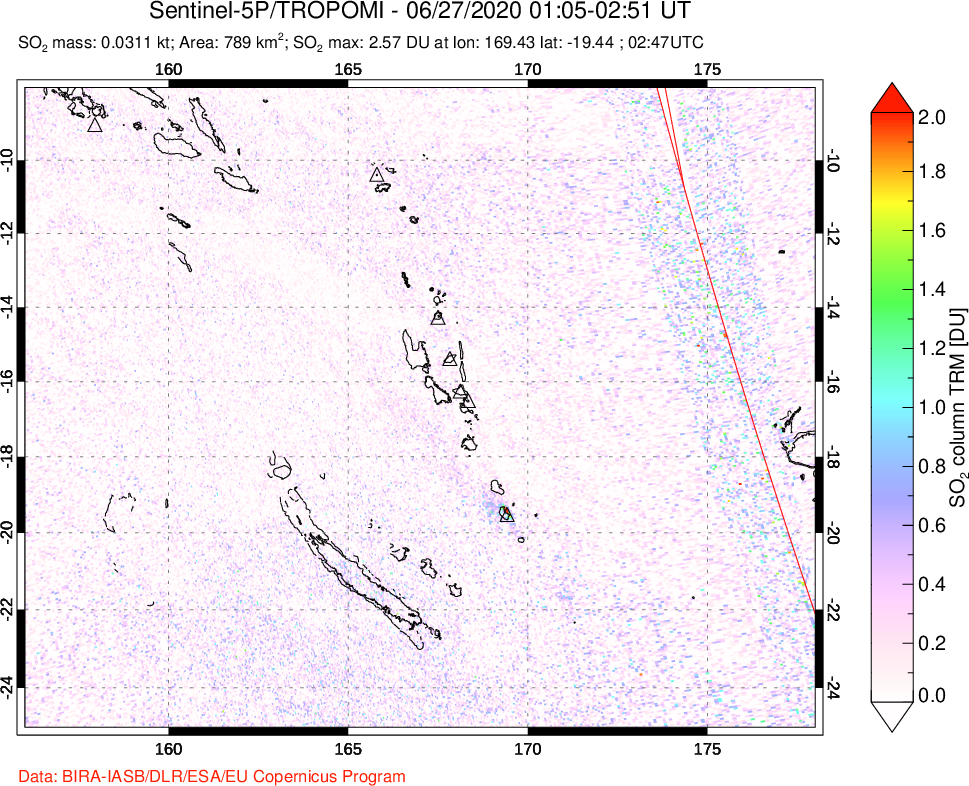 A sulfur dioxide image over Vanuatu, South Pacific on Jun 27, 2020.