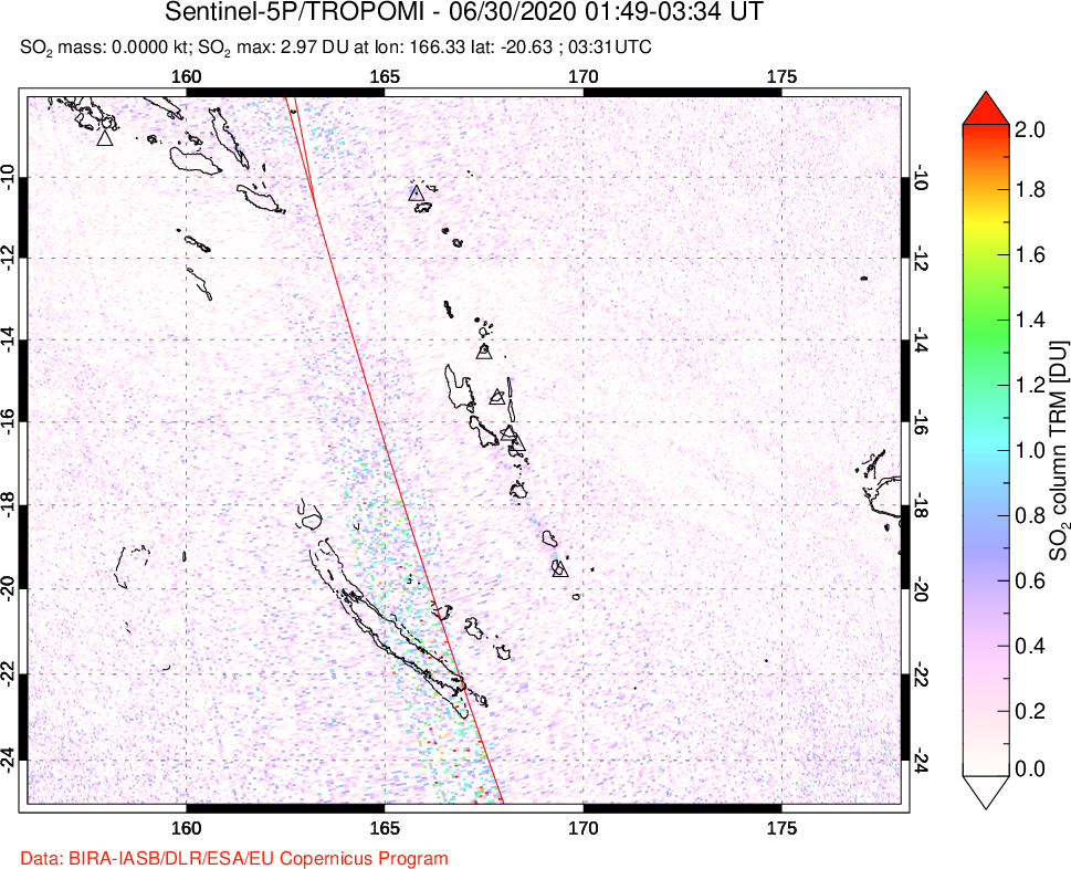 A sulfur dioxide image over Vanuatu, South Pacific on Jun 30, 2020.