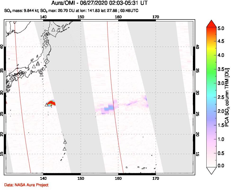 A sulfur dioxide image over Tropical Western Pacific on Jun 27, 2020.