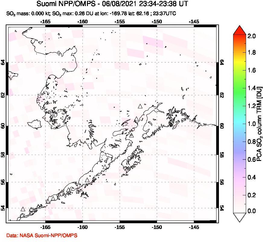 A sulfur dioxide image over Alaska, USA on Jun 08, 2021.