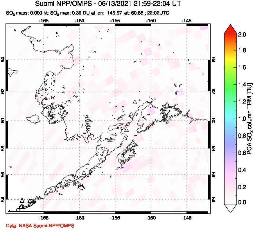 A sulfur dioxide image over Alaska, USA on Jun 13, 2021.