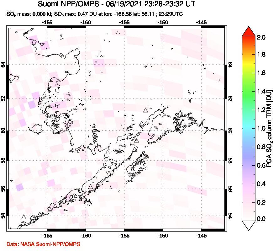 A sulfur dioxide image over Alaska, USA on Jun 19, 2021.