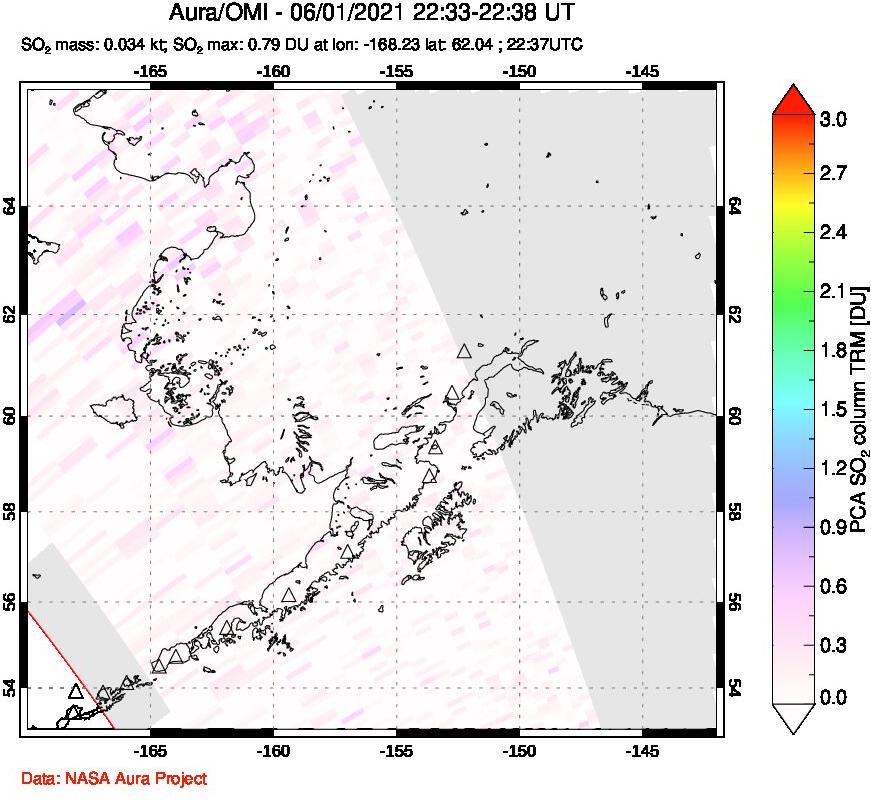 A sulfur dioxide image over Alaska, USA on Jun 01, 2021.