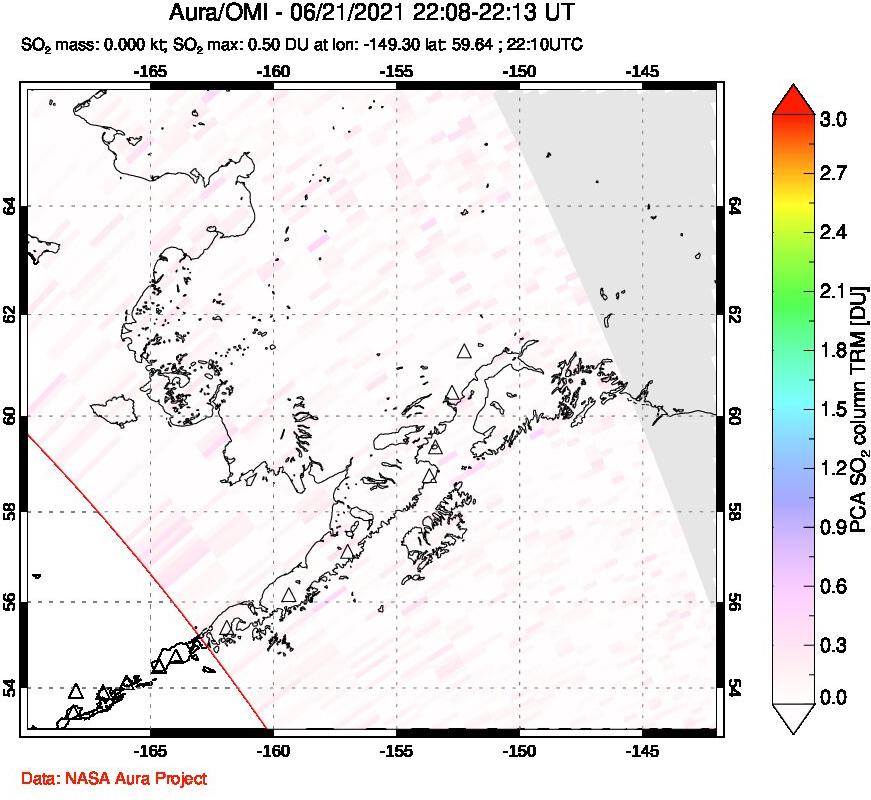 A sulfur dioxide image over Alaska, USA on Jun 21, 2021.