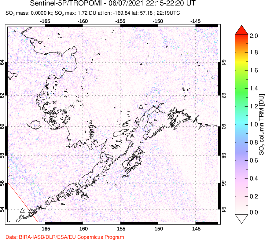 A sulfur dioxide image over Alaska, USA on Jun 07, 2021.