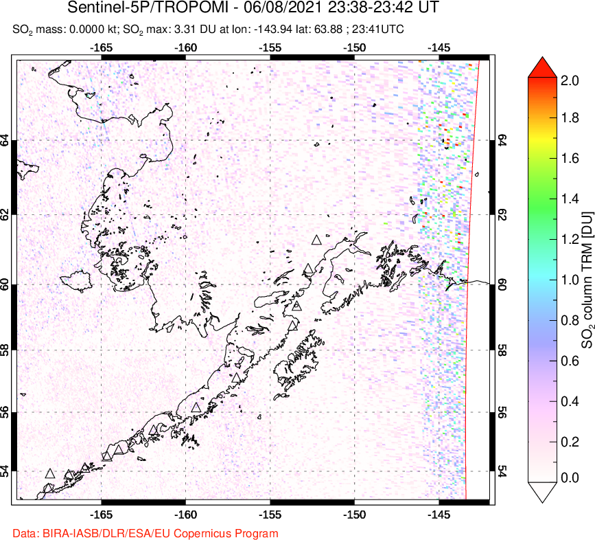 A sulfur dioxide image over Alaska, USA on Jun 08, 2021.