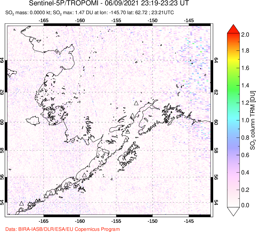 A sulfur dioxide image over Alaska, USA on Jun 09, 2021.