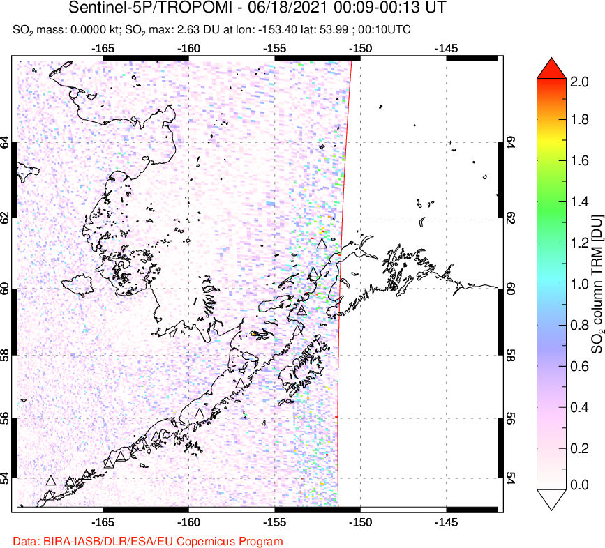 A sulfur dioxide image over Alaska, USA on Jun 18, 2021.