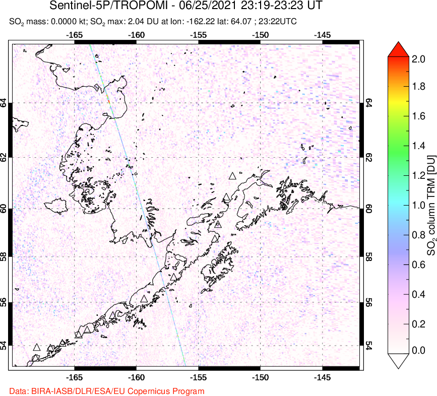 A sulfur dioxide image over Alaska, USA on Jun 25, 2021.