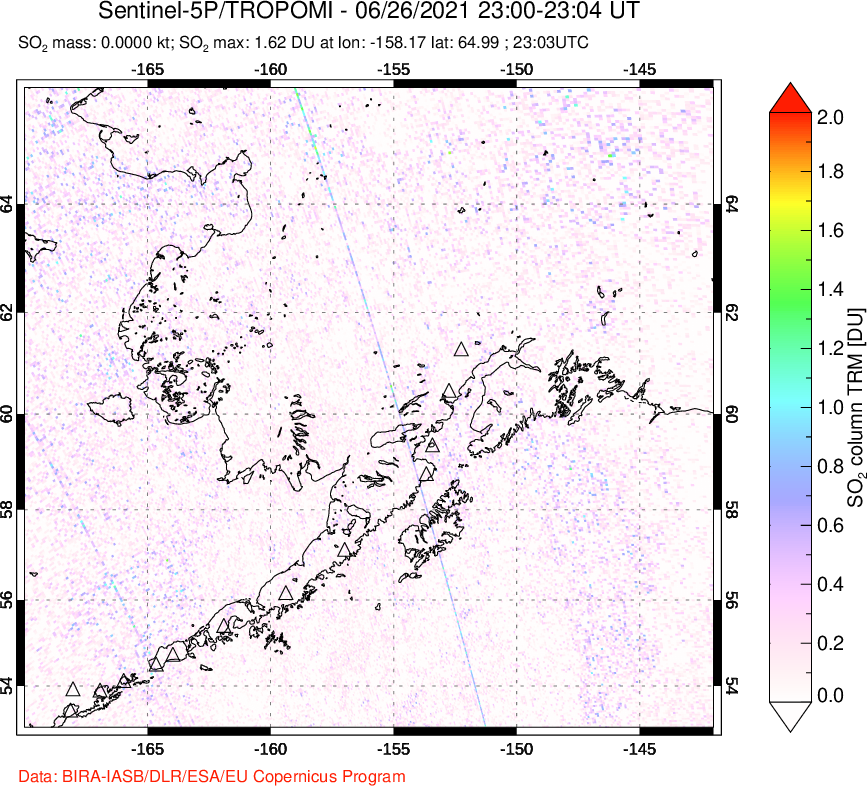 A sulfur dioxide image over Alaska, USA on Jun 26, 2021.