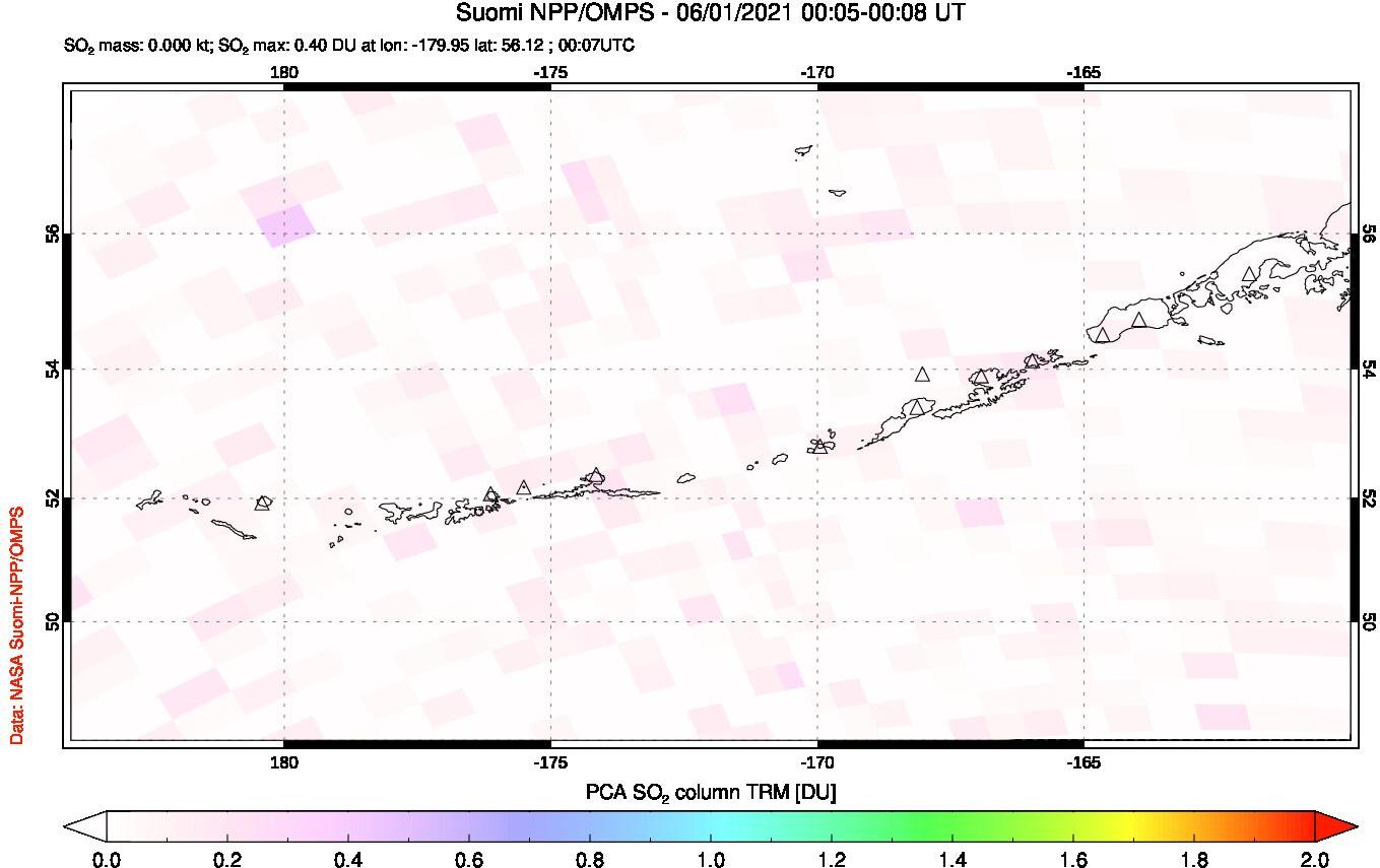 A sulfur dioxide image over Aleutian Islands, Alaska, USA on Jun 01, 2021.